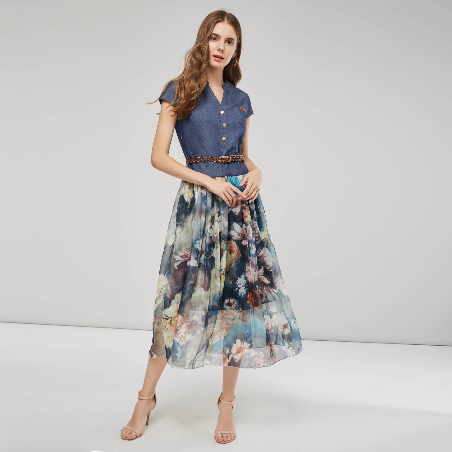 Fashion Denim Printing V-neck Dress