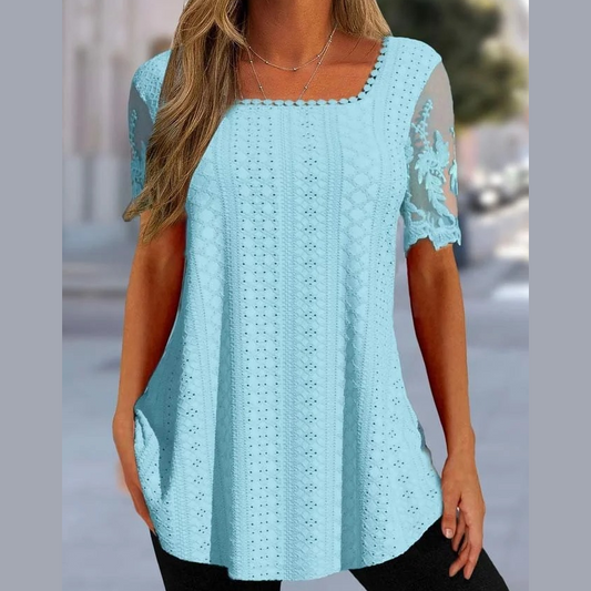 Fashion Square Neck Lace Sleeve T-shirt