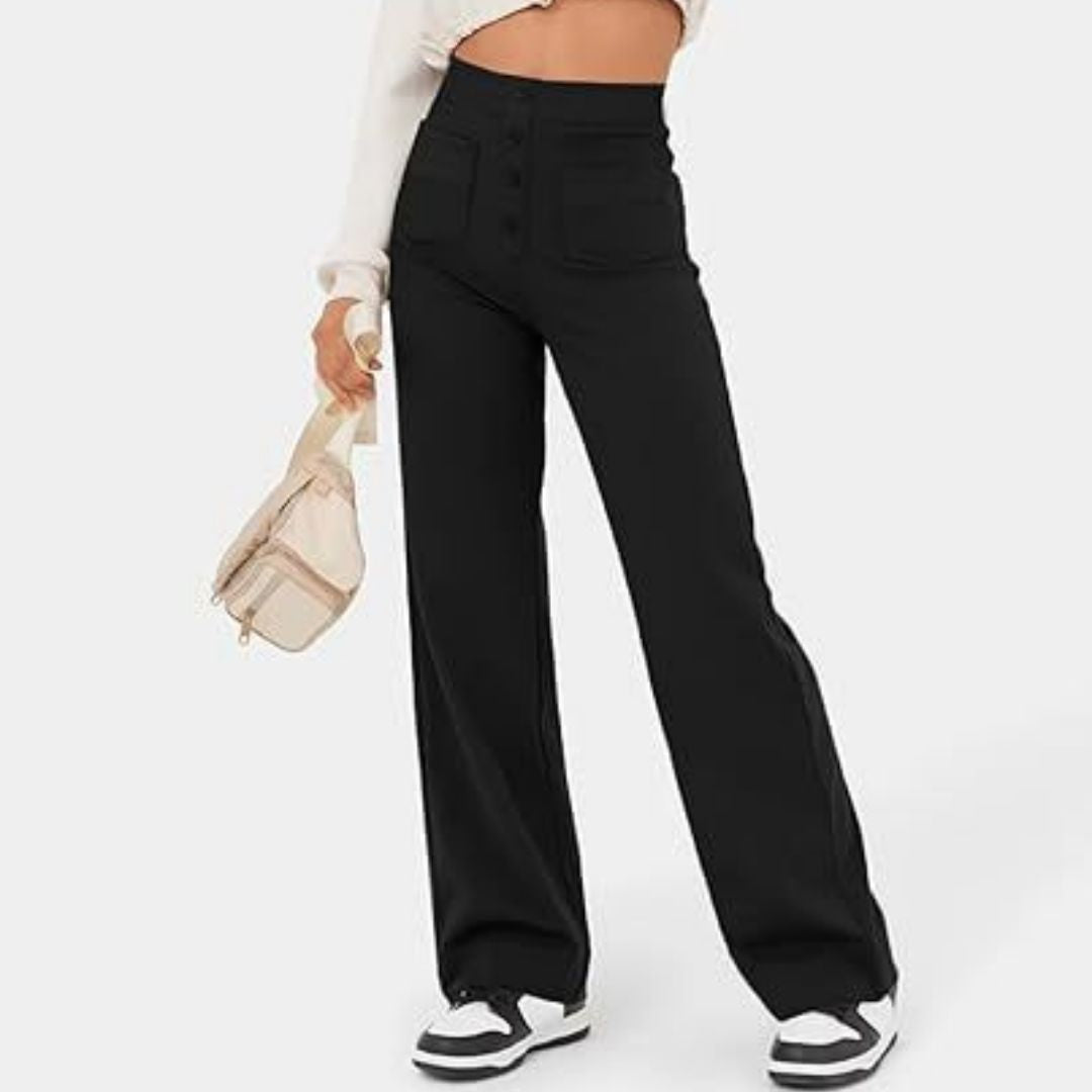 Fashion High Waist Pocket Wide Leg Button Casual Baggy Straight Pants