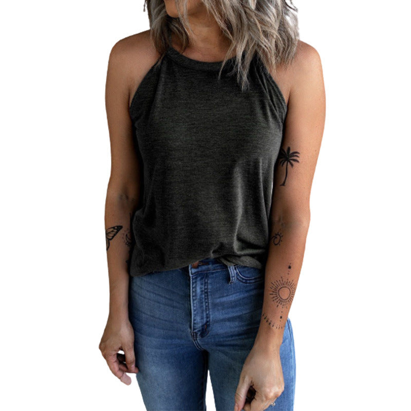 Fashion Solid Color Round Neck Sleeveless T-Shirt