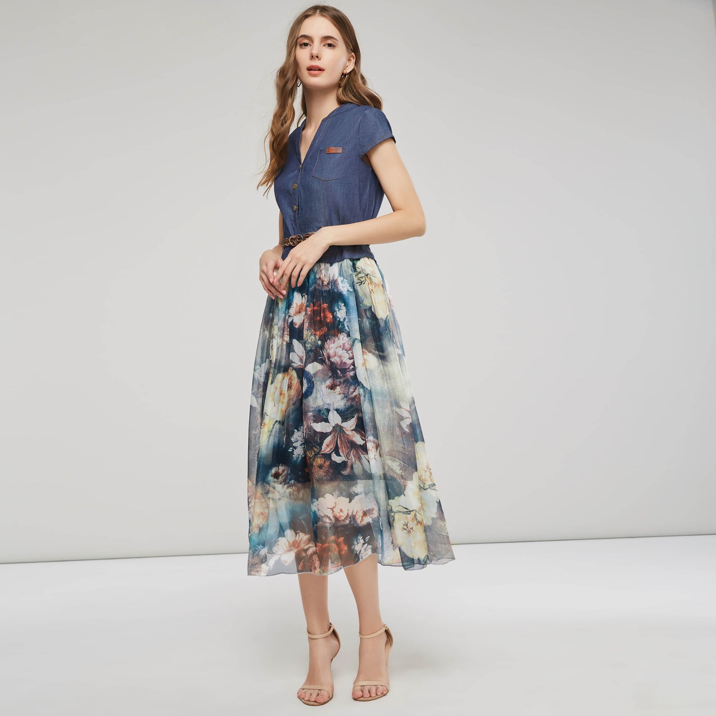 Fashion Denim Printing V-neck Dress