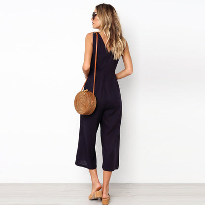 Fashion Dacron Button Backless Jumpsuit