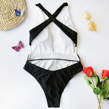 Fashion One-piece color-block metal belt swimsuit