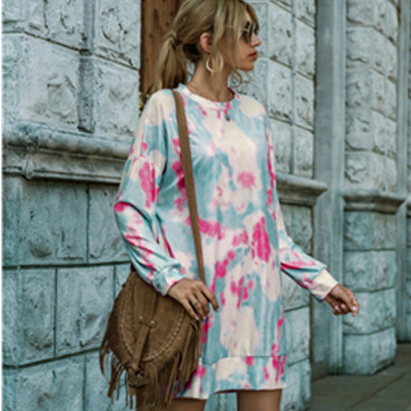 Fashion Long Sleeve Tie-dye Mini Dress