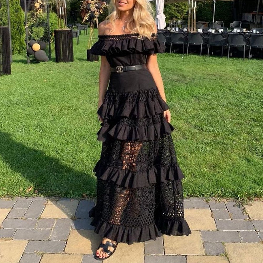 Fashion Off-shoulder Ruffled Lace Dress