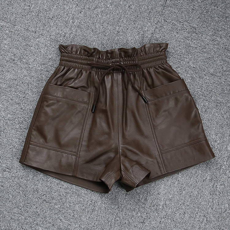 Fashion Drawstring Pocket Casual Leather Sheepskin Shorts