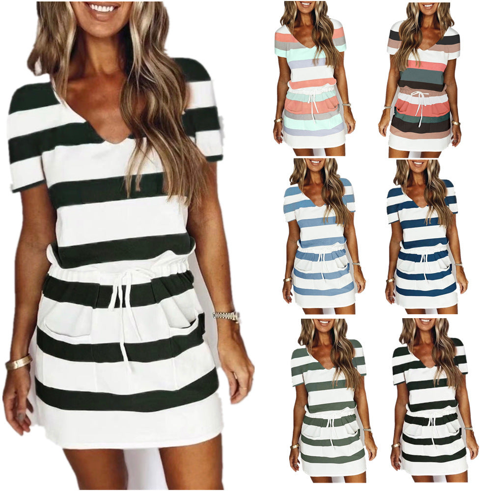 Fashion Striped Print Short-sleeved Dress