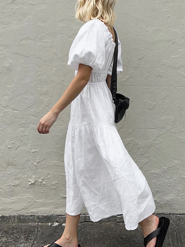 Fashion Off-neck Cotton Puff Sleeve Dress