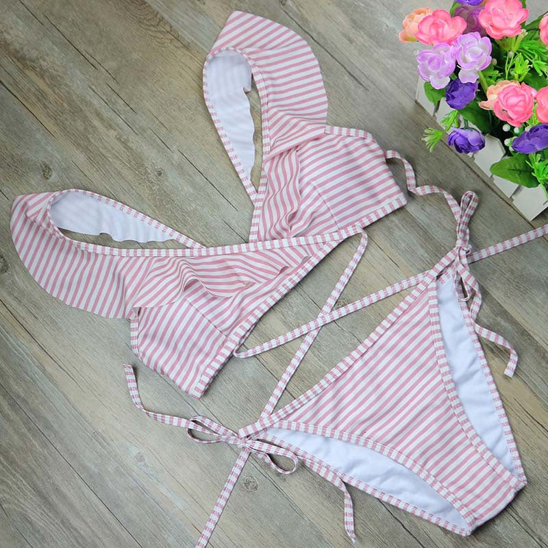 Fashion Stripe Print Retro Bandage Bikini