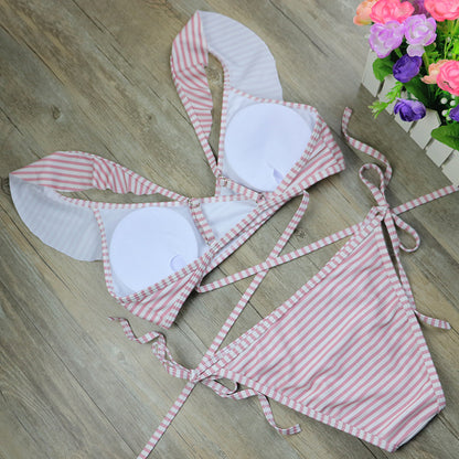 Fashion Stripe Print Retro Bandage Bikini