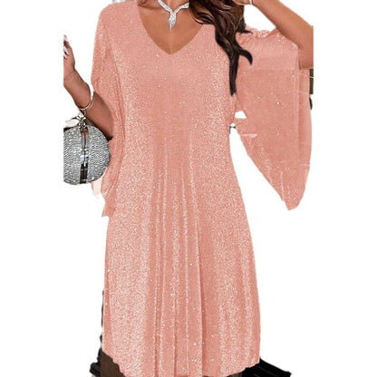 Fashion V-Neck Half Sleeve Loose Waist Shiny Dress