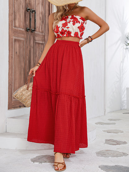 Fashion Printed Tube Top Swing Skirt Suit