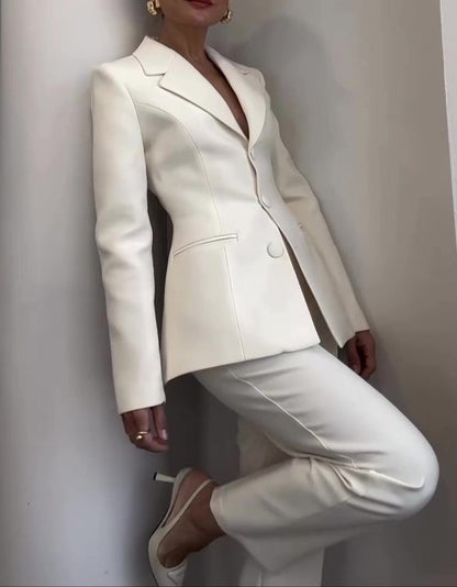 Fashion Classic Waist-Cinched Blazer & High-Waisted Pants White Suit