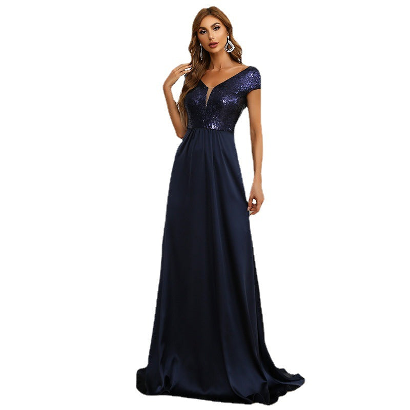 Fashion V-neck Stitching Gown Dress