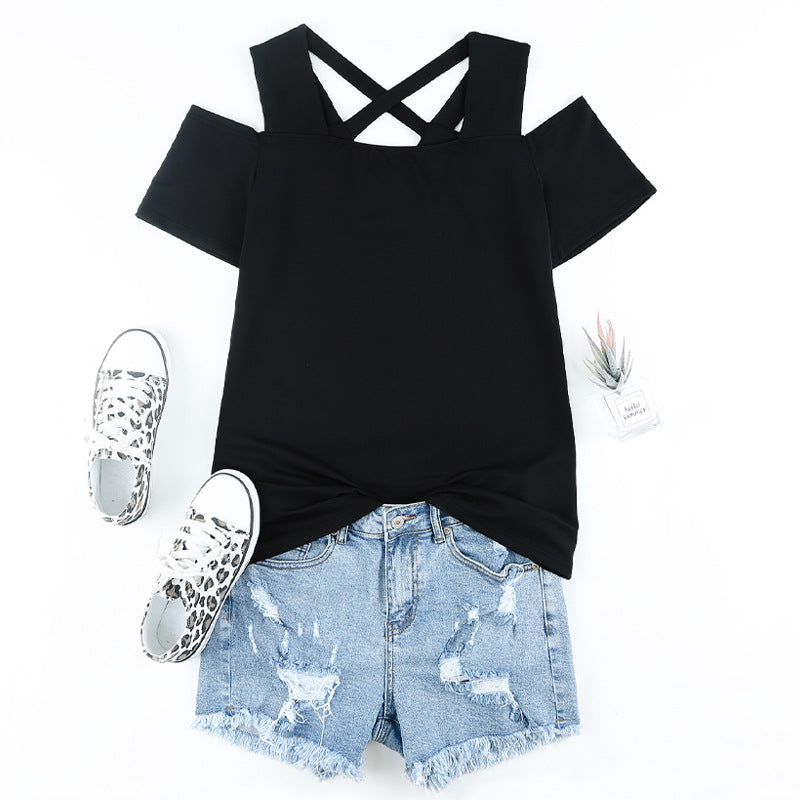 Fashion V-neck Hollow Out Loose T-Shirt