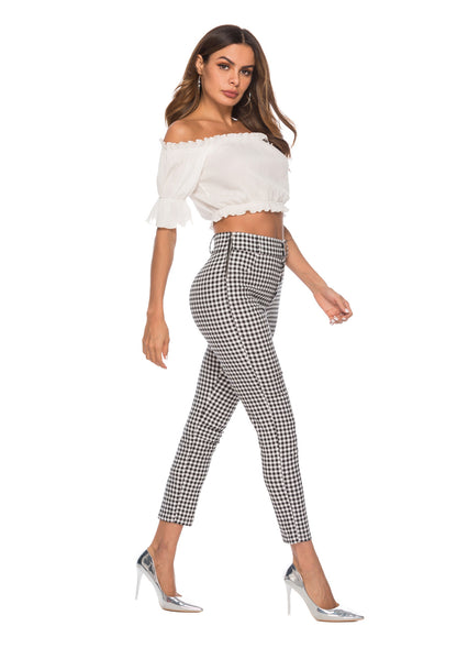 Fashion high-waist checked slim pencil-leg pants