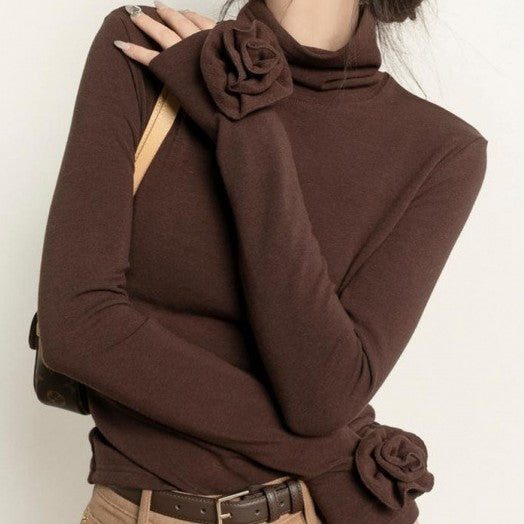 Fashion Brown Micro Velvet Lined Turtleneck Bottoming Shirt