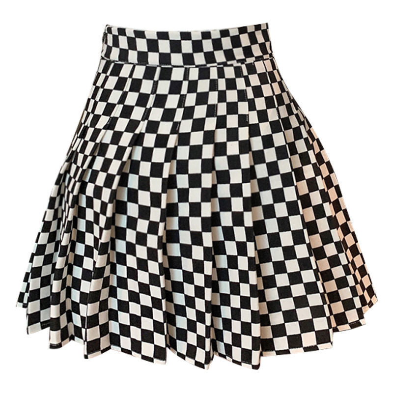 Fashion Black And White Plaid Pleated Skirt