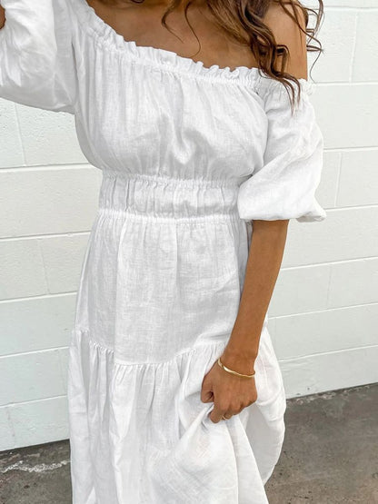 Fashion Off-neck Cotton Puff Sleeve Dress