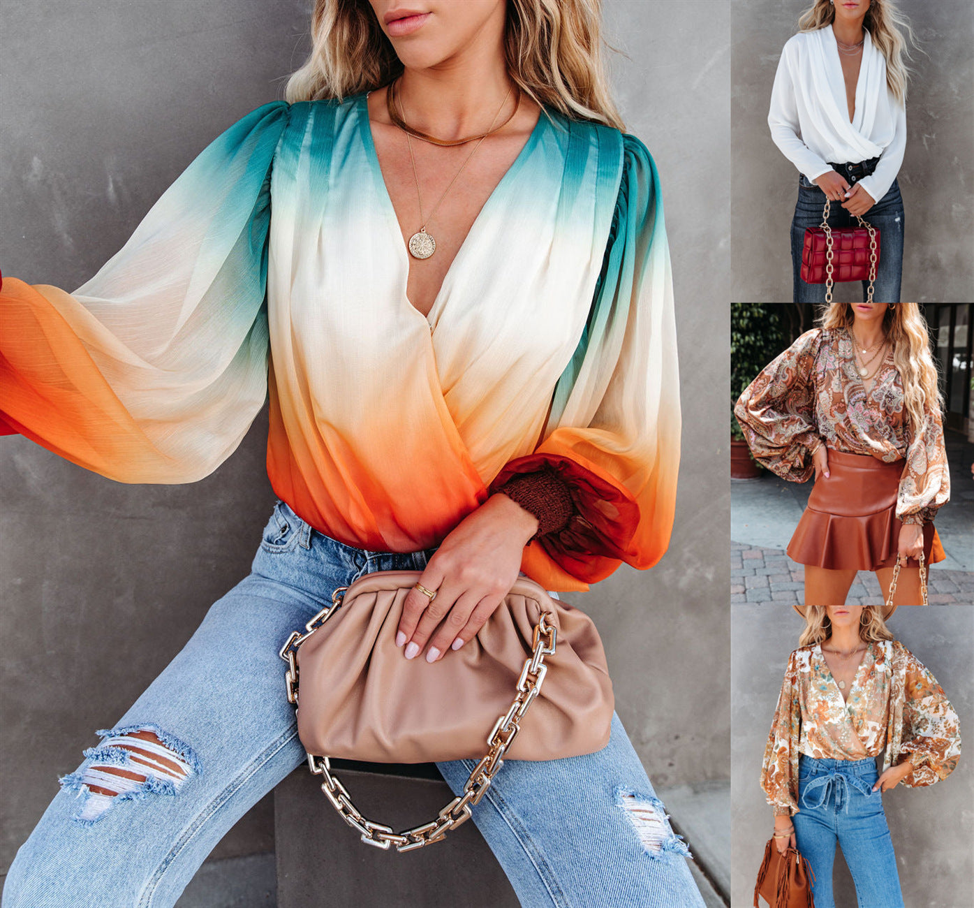 Fashion Gradient See-through Chiffon Shirt