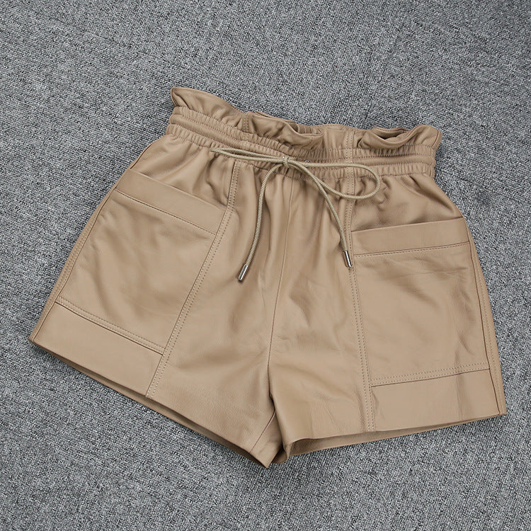 Fashion Drawstring Pocket Casual Leather Sheepskin Shorts