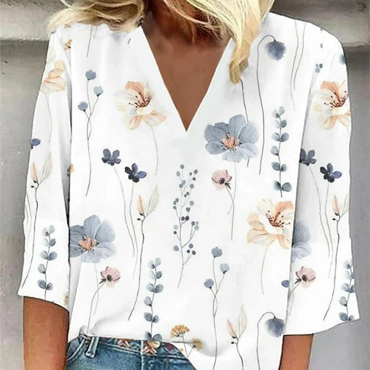 Fashion Printed Loose V-neck Top