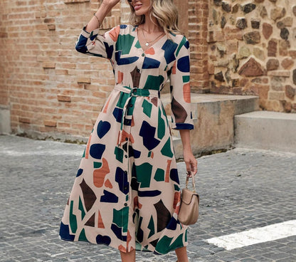 Fashion V-Neck Printed Belt Dress