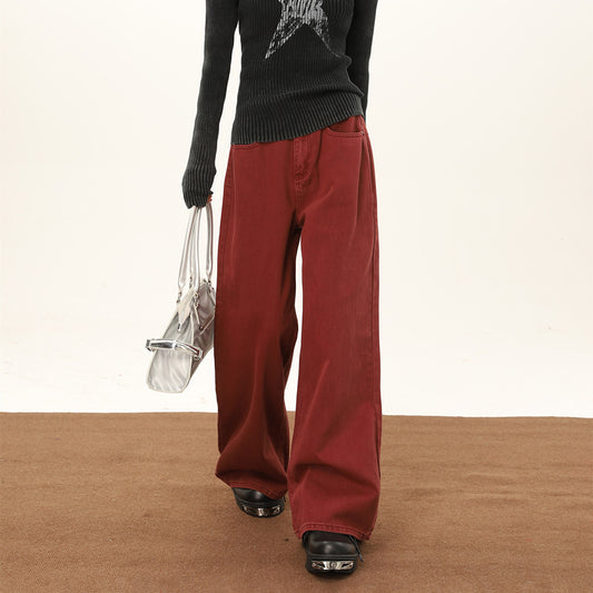 Fashion Wine Red Wide Leg Pants