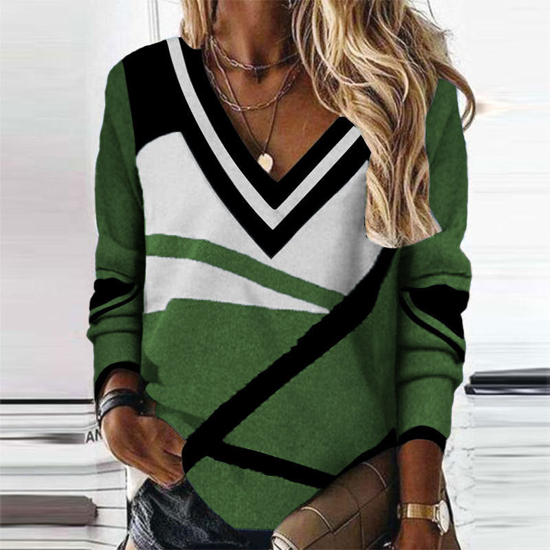 Fashion V-Neck Contrast Color Geometric Print Sweater
