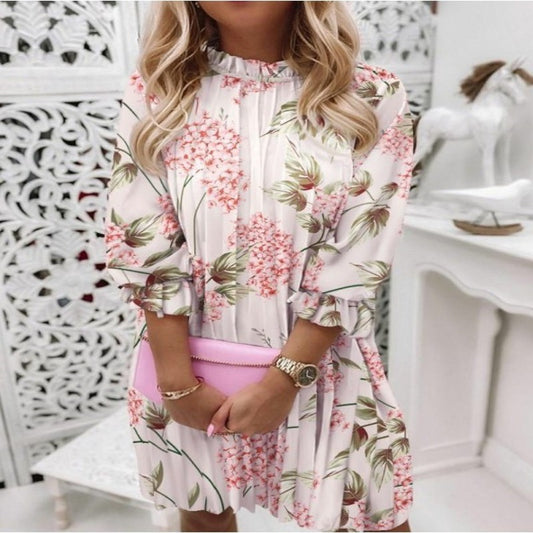 Fashion Printed Pleated 3/4 Sleeve Dress