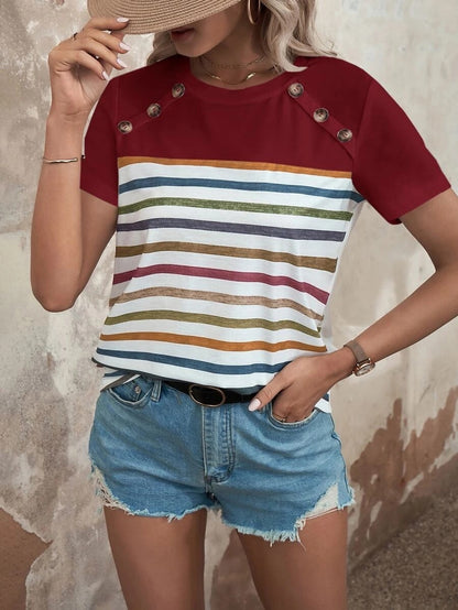 Fashion Stripes Printed Stitching Button Short-sleeved T-Shirt