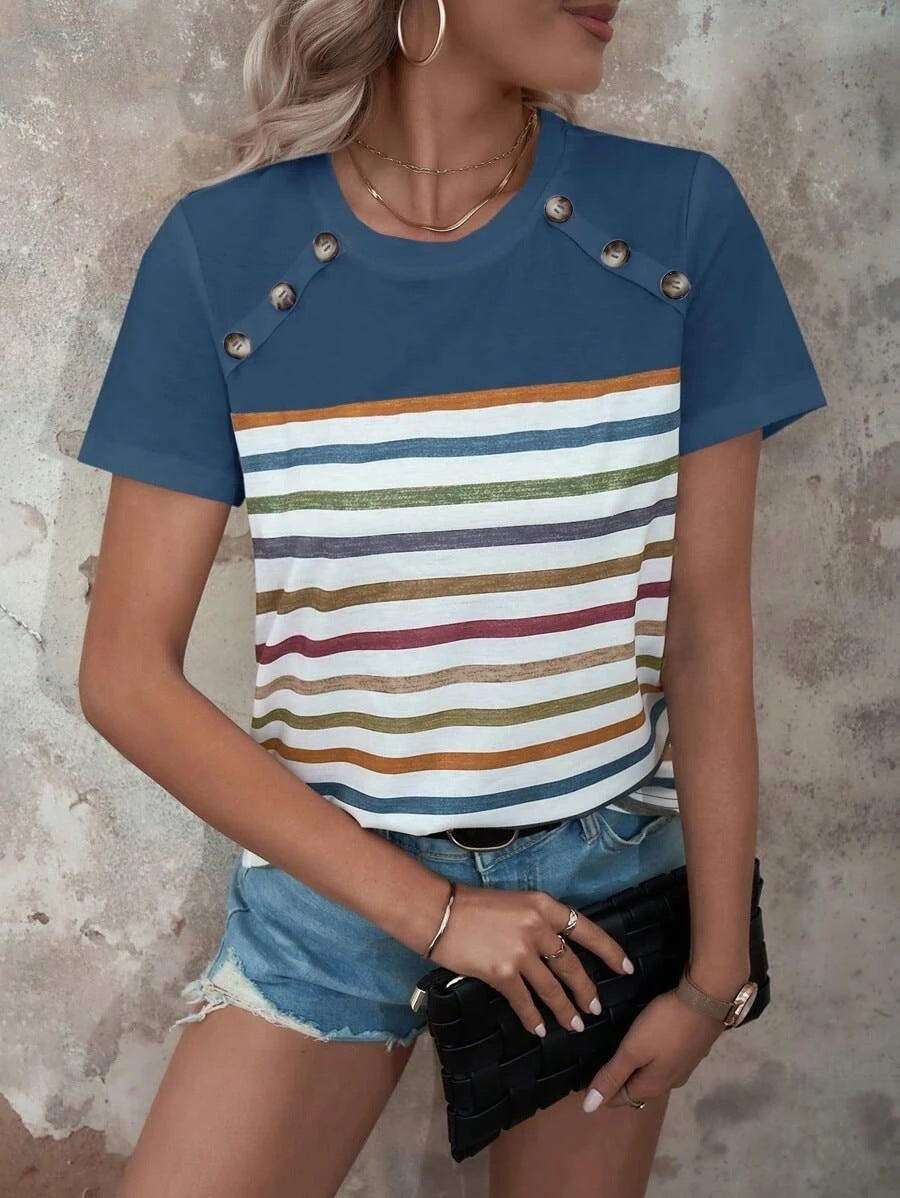 Fashion Stripes Printed Stitching Button Short-sleeved T-Shirt