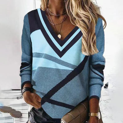 Fashion V-Neck Contrast Color Geometric Print Sweater