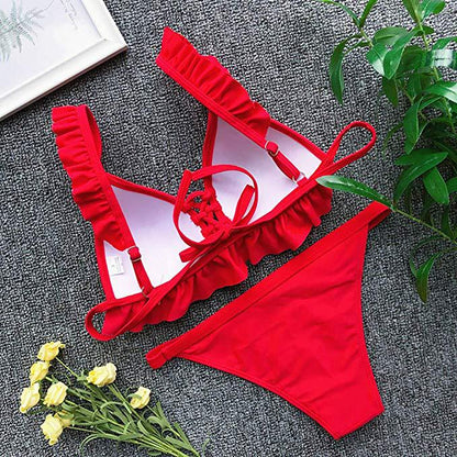 Fashion Fold Lace Comfortable Solid Color Split Swimsuit Bikini