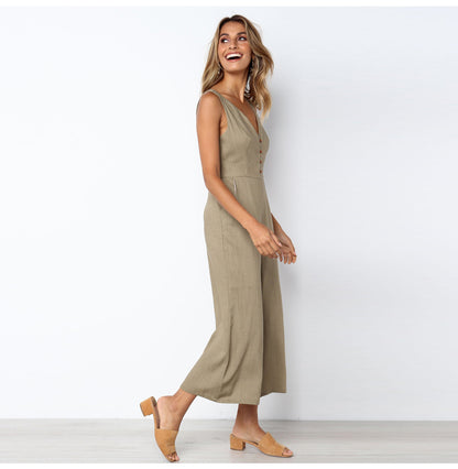 Fashion Dacron Button Backless Jumpsuit