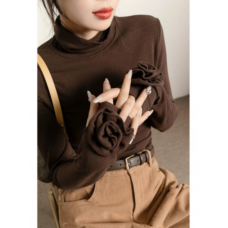 Fashion Brown Micro Velvet Lined Turtleneck Bottoming Shirt