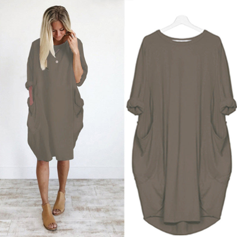 Fashion Round Neck Loose Pockets Dress