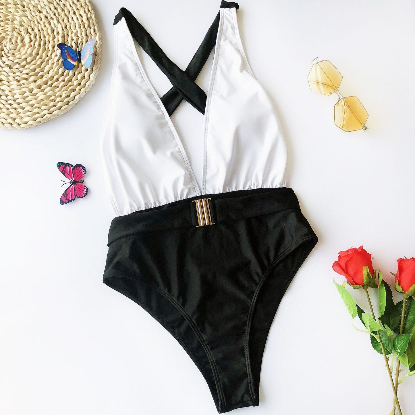 Fashion One-piece color-block metal belt swimsuit