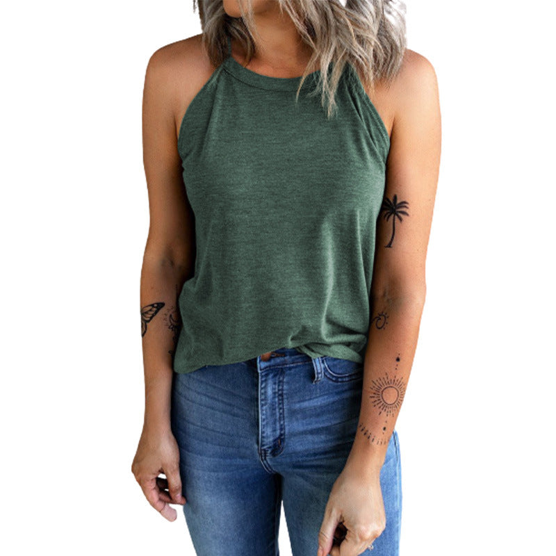 Fashion Solid Color Round Neck Sleeveless T-Shirt