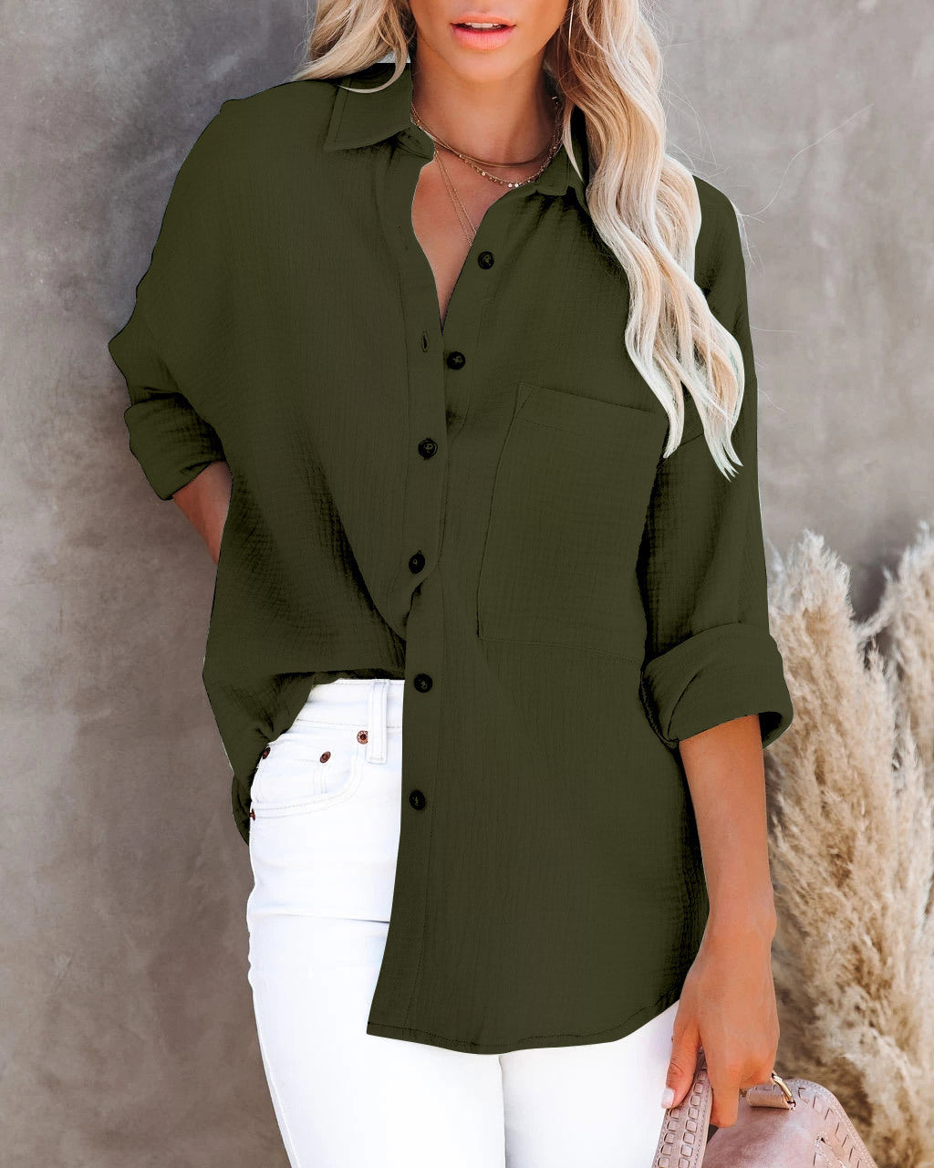 Fashion Long Sleeve V-Neck Button Linen Shirt