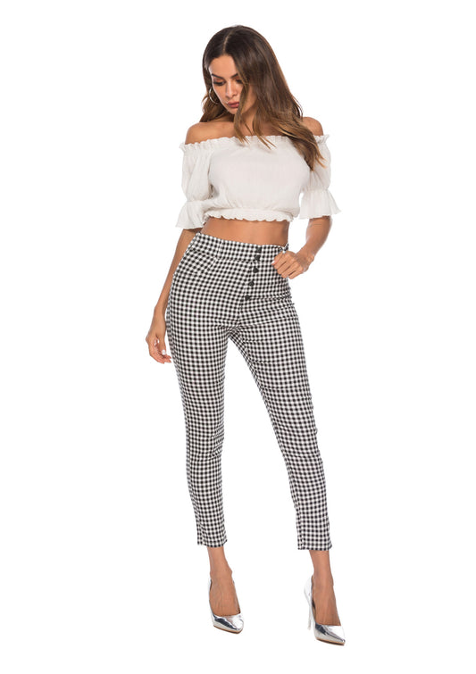 Fashion high-waist checked slim pencil-leg pants