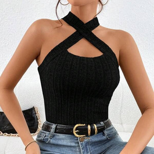 Fashion Halter Sleeveless Brushed Knitted Top