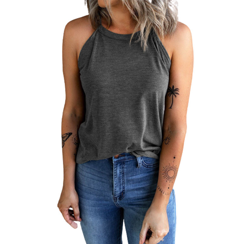 Fashion Solid Color Round Neck Sleeveless T-Shirt