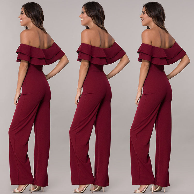 Fashion Pure Color Ruffles Jumpsuit