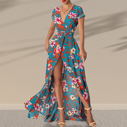 Fashion Printed Waist-controlled Split Dress