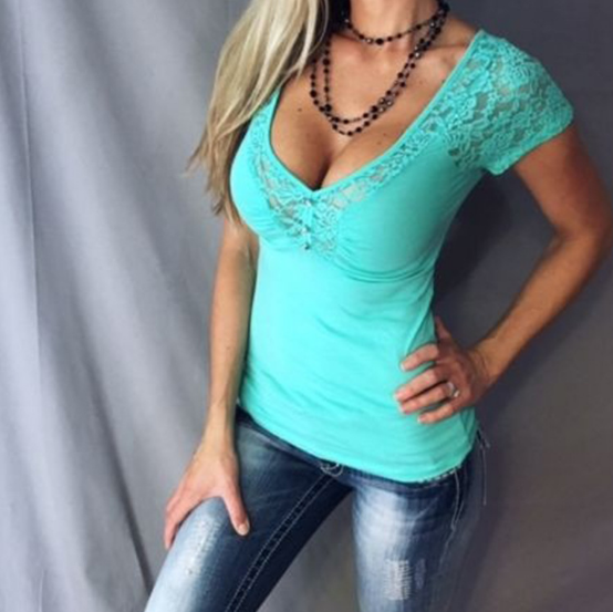 Fashion V-Neck Lace Sleeve Patchwork T-Shirt