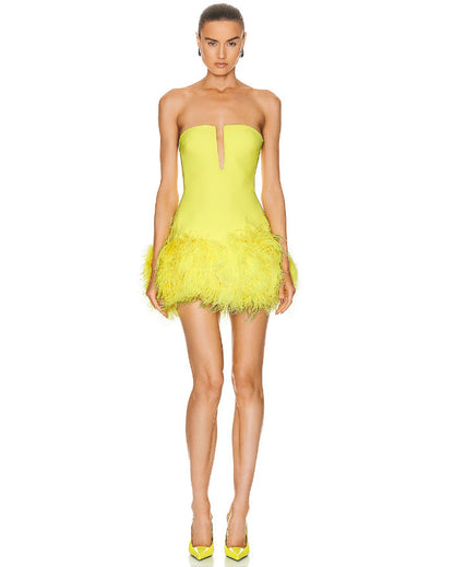 Fashion Deep V Strapless Ostrich Feather Hip-wrapped Mini Dress