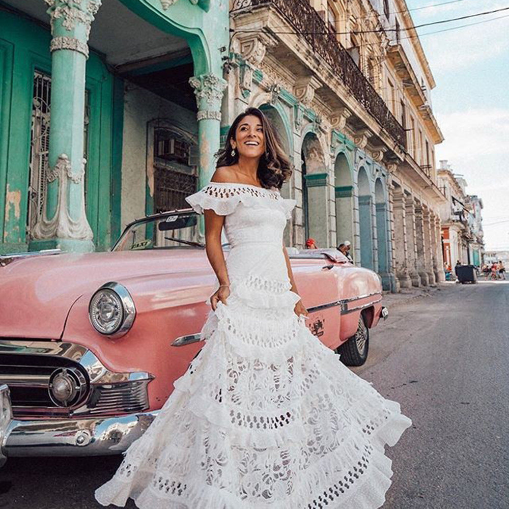 Fashion Off-shoulder Ruffled Lace Dress