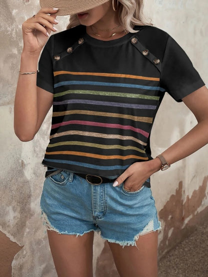 Fashion Stripes Printed Stitching Button Short-sleeved T-Shirt