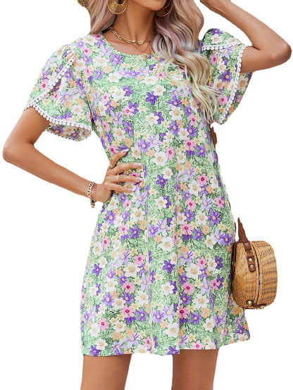 Fashion Tulip Sleeve Tassel Lace Printed Dress